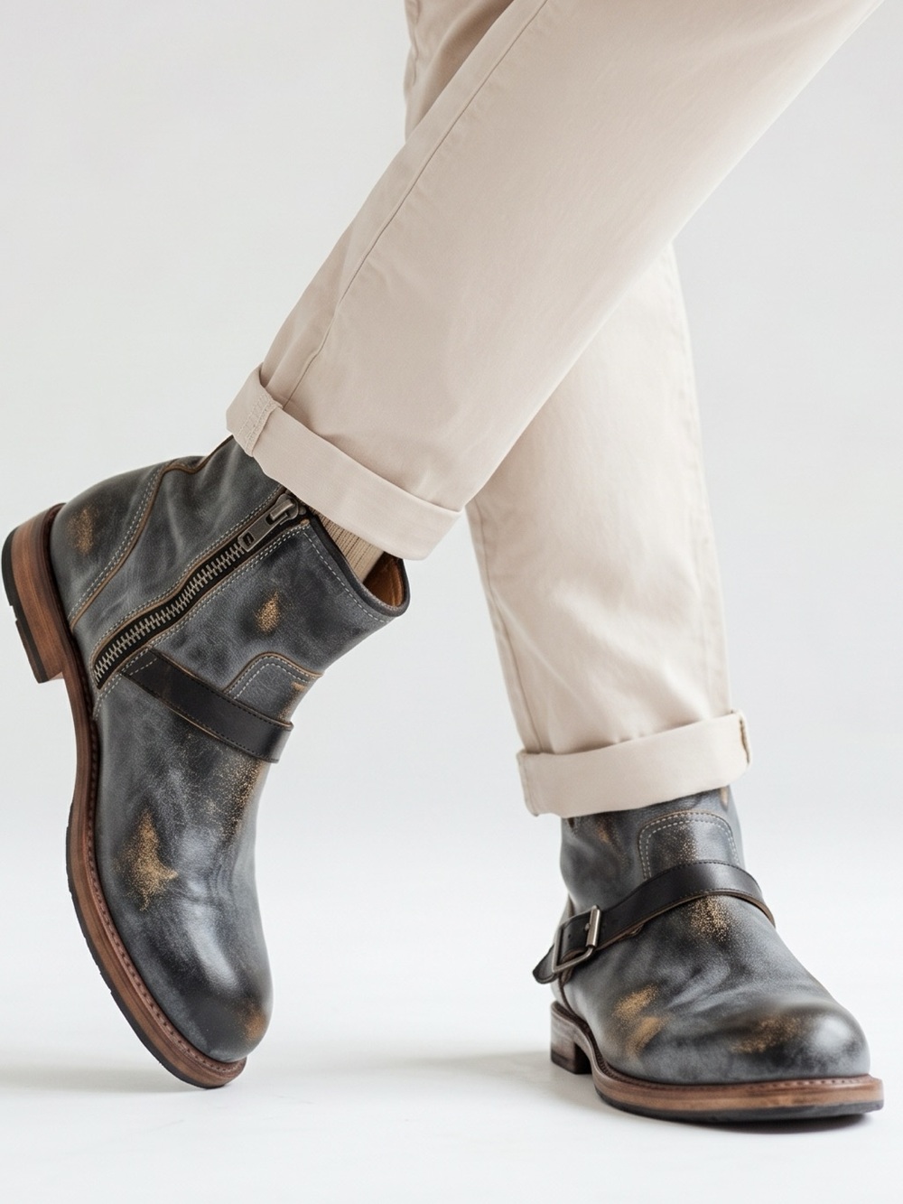 FREEBIRD | Railroad Distressed Leather Harness Biker Boots Black Gray Men’s 11
